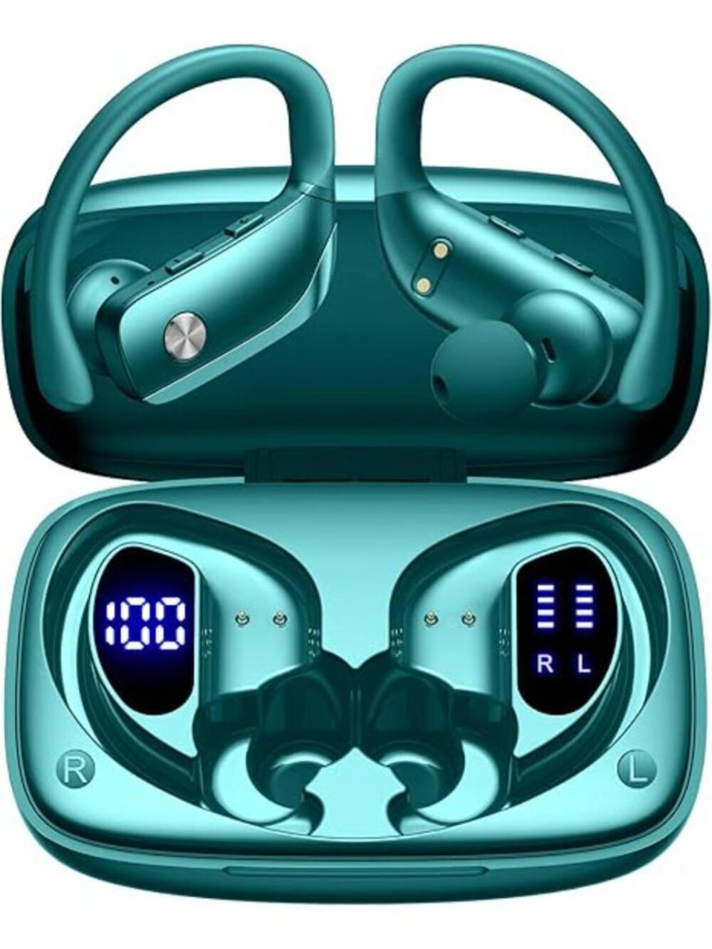 Green Wireless Earbuds Bluetooth LED Display Ear-hooks Built-in Mic Headset